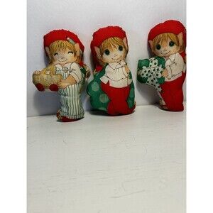 Vintage 70’s Hand sewn Plush Christmas Elves Lot Of 3  Red And Green 5.5 in